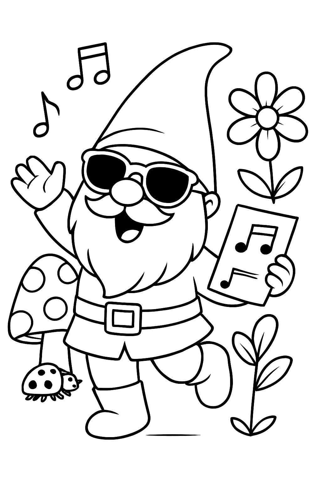 Cheerful Whimsical Garden Gnome Cartoon Coloring Page