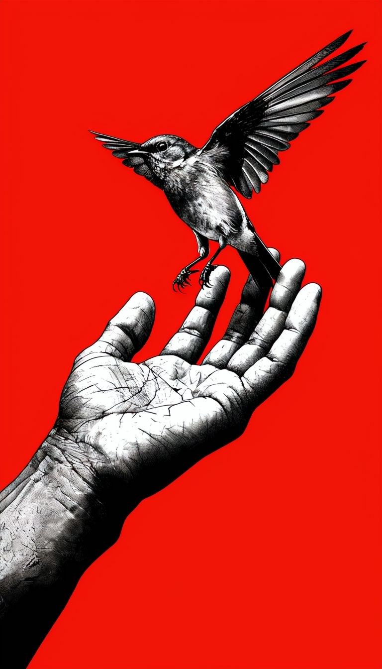 Intricate Black and White Hand with Bird on Red Background Mobile Wallpaper