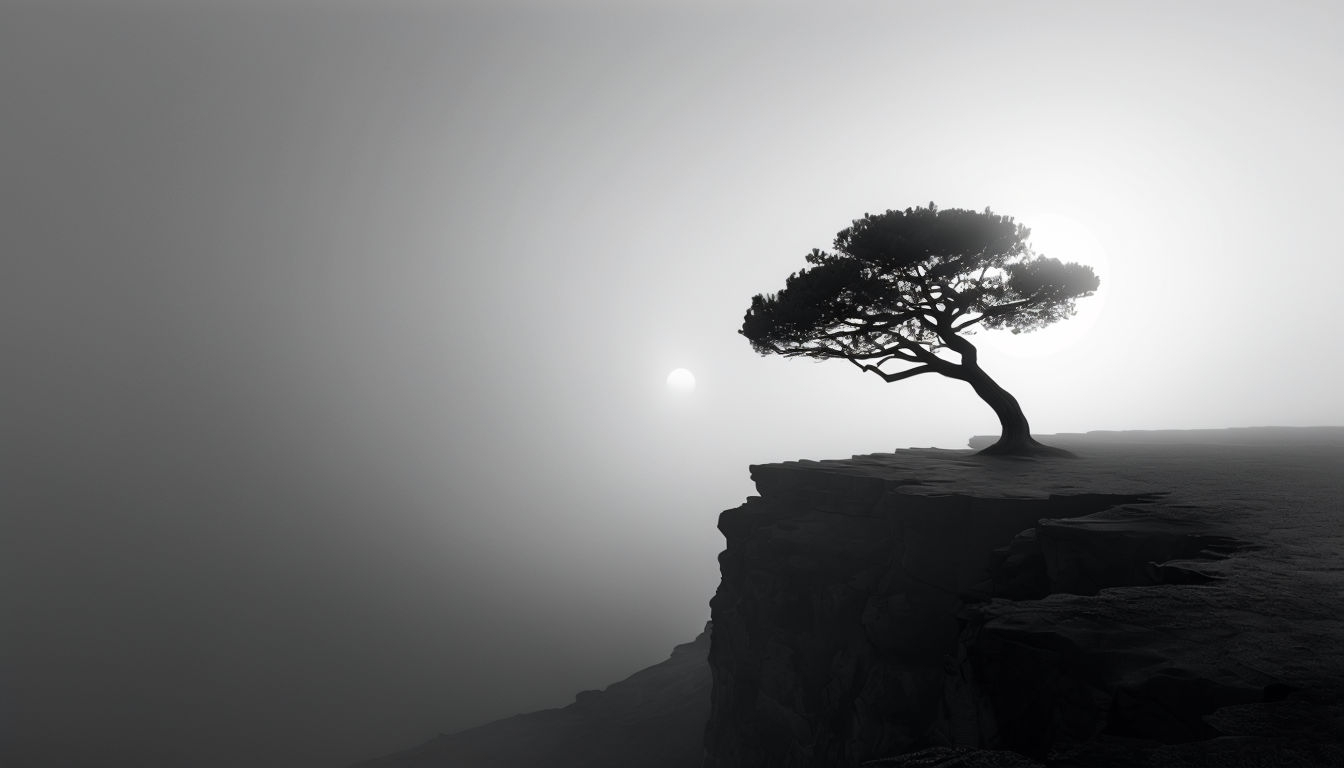 Minimalist Black and White Landscape with Lone Tree Background