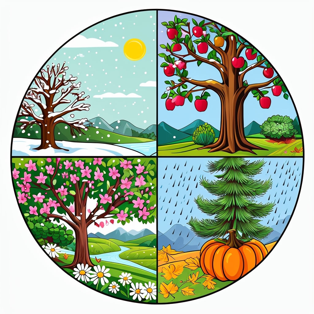 Vibrant Seasonal Quarters Cartoon Illustration Seamless Pattern