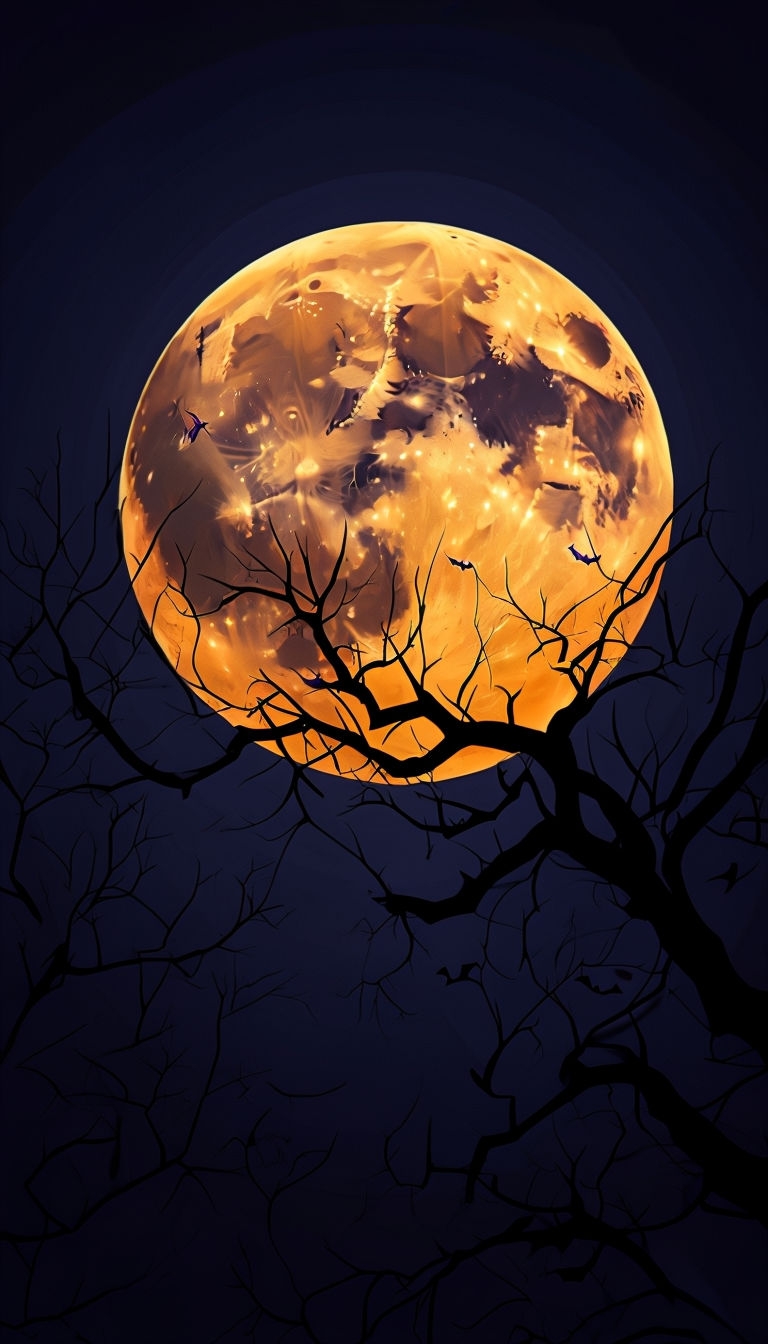 Haunting Midnight Blue Sky with Vibrant Amber Moon Mobile Wallpaper