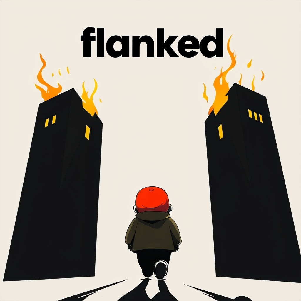 "Minimalist Anime Figure Walking Towards Dark Buildings Art Spotify Album Cover"