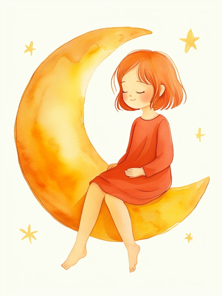 Whimsical Girl on Crescent Moon with Stars Cartoon Art