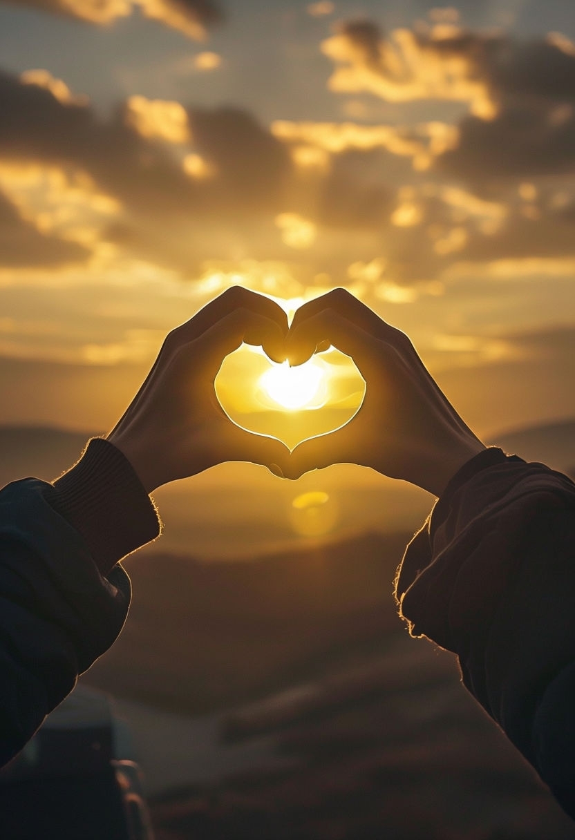 Serene Sunset Heart Shape Hands Photograph for Art