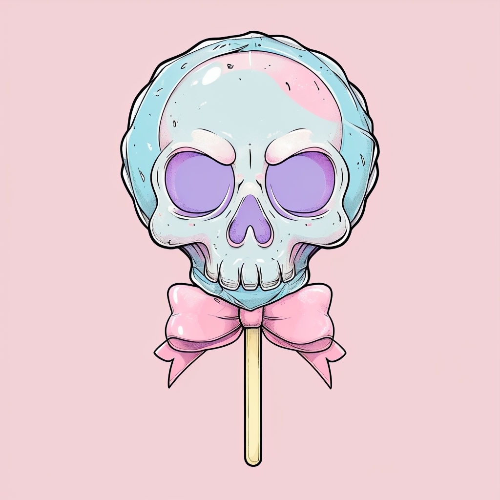 Whimsical Skull Lollipop Illustration on Light Pink T-Shirt