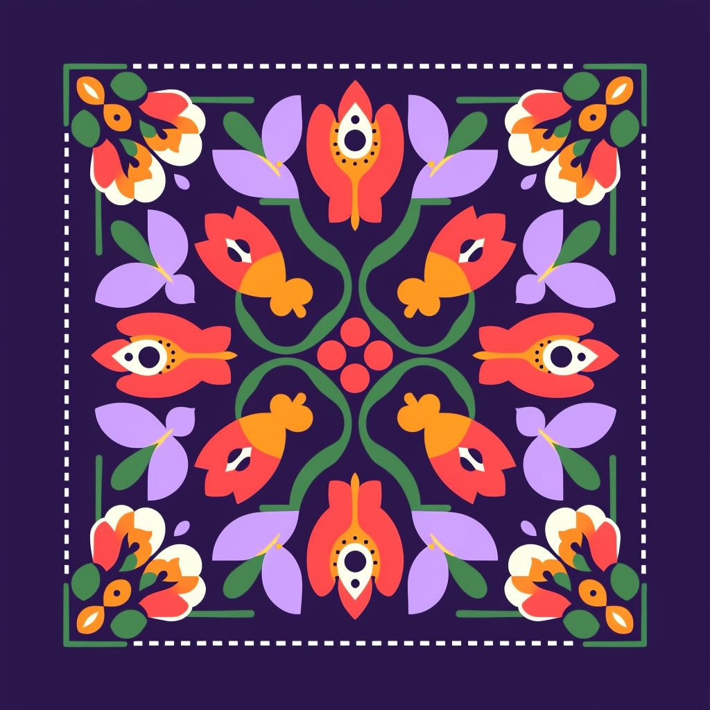 Vibrant Symmetrical Floral Pattern on Dark Purple Background Seamless Pattern