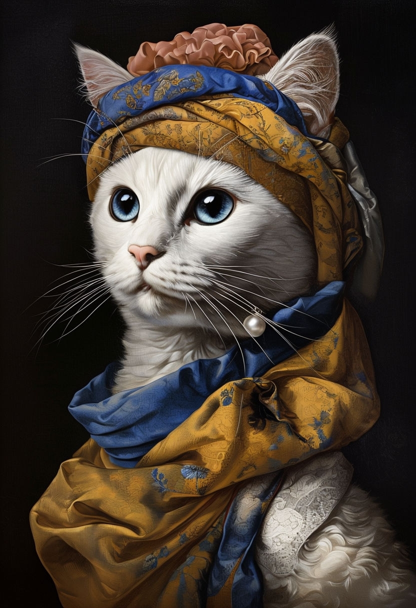 Regal White Cat in Ornate Headscarf Digital Art Piece Art