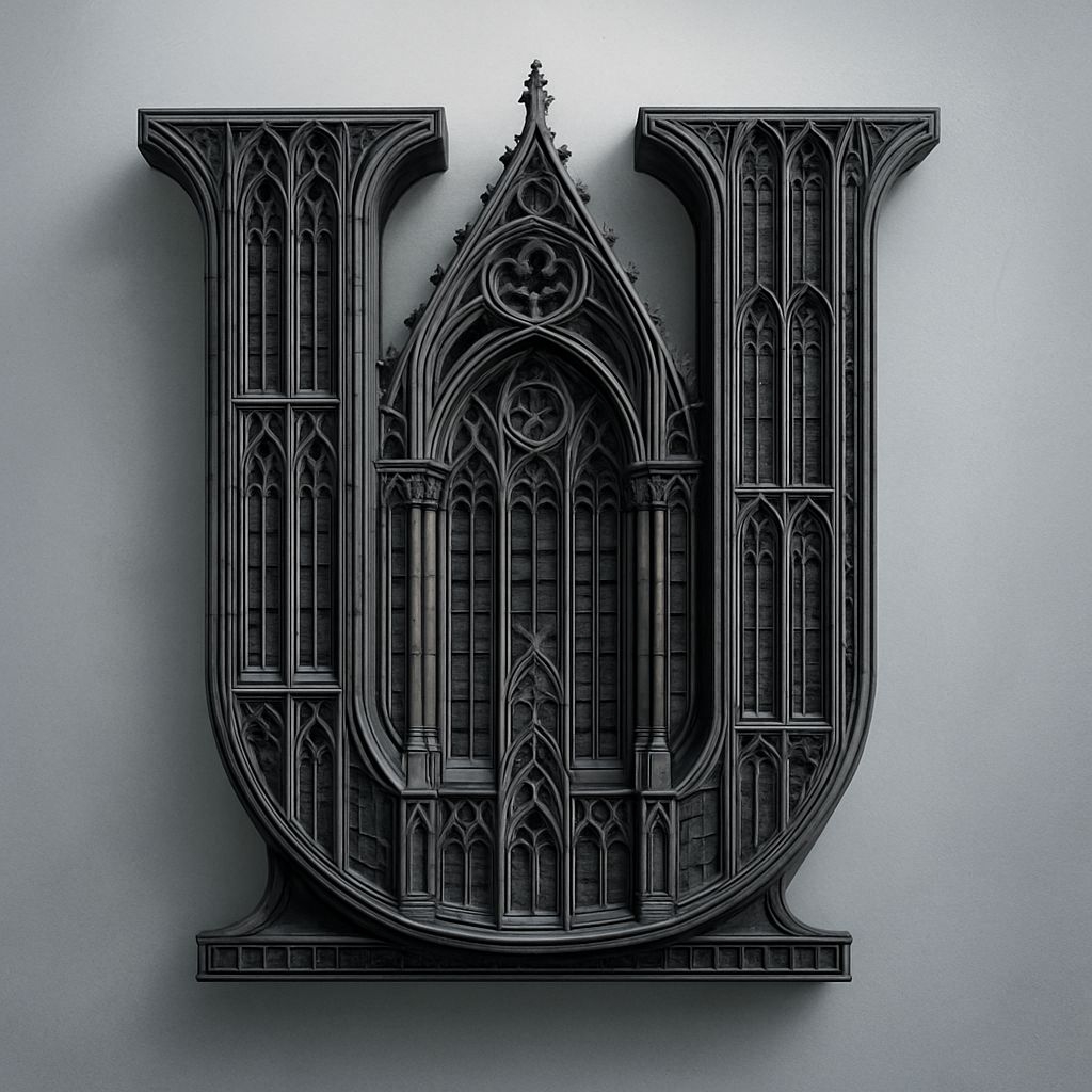 Intricate Gothic Letter U Design against Light Gray Background Monogram