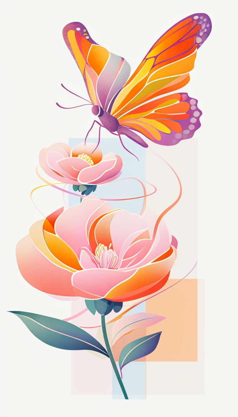 Colorful Retro Butterfly and Flower Illustration Art