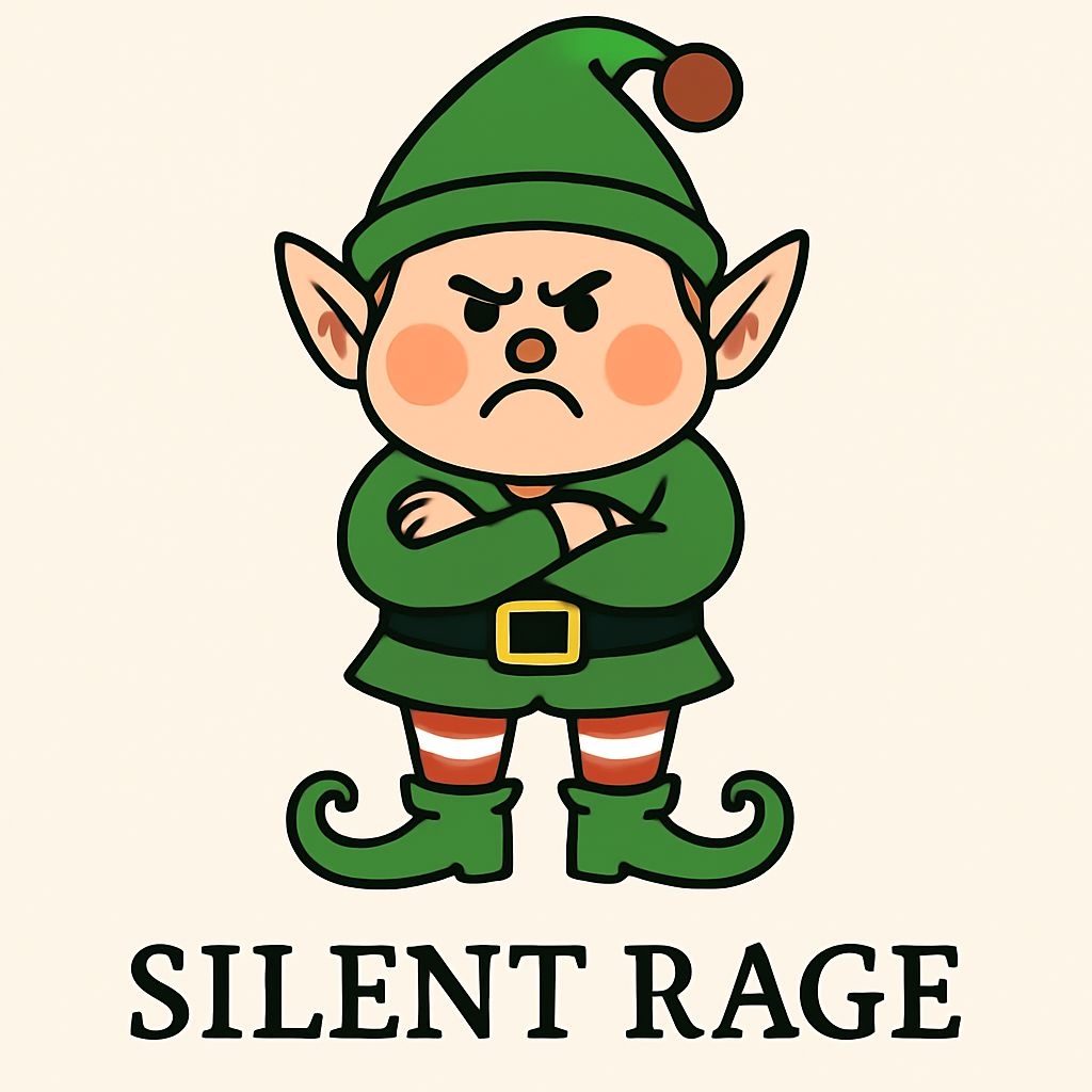 Angry Christmas Elf Cartoon with Silent Rage Text Mug