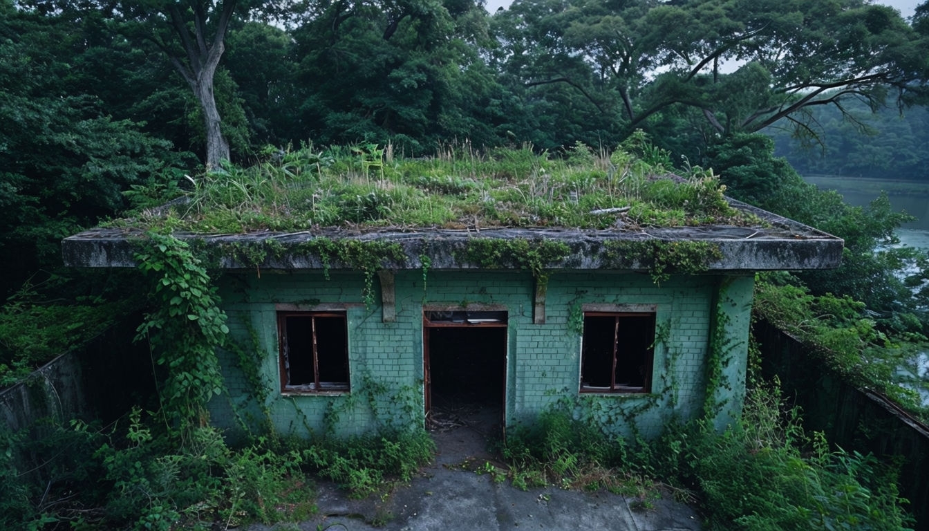 Abandoned Building Surrounded by Nature's Overgrowth Backgrounds
