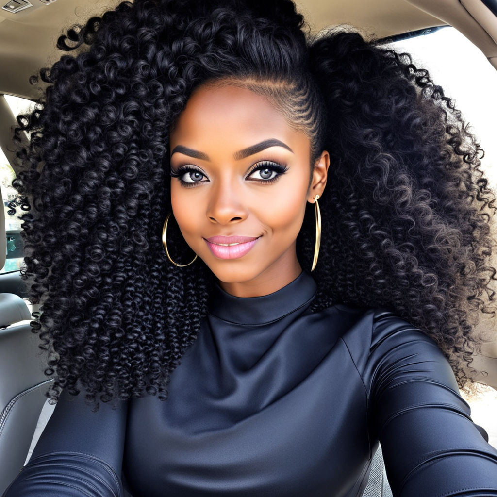 Beautiful black woman with long black coily big hair