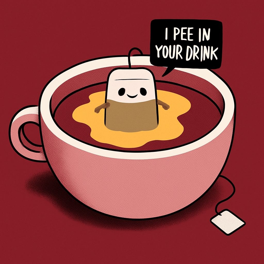 Playful Cartoon Tea Cup with Humorous Tea Bag T-Shirt
