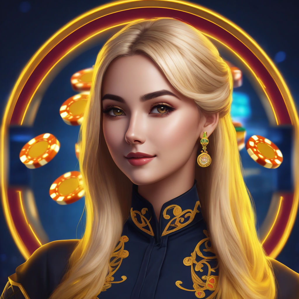 a upper body cute smiling casino women, 3d neon question mark around the head, curious woman, dressed all luxury, thick long blonde hair, realistic, 4k, betting, detailed, yellow and dark blue background, all fit in canva