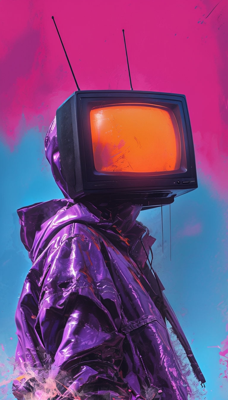 Futuristic Cyberpunk Figure with TV Head Mobile Wallpaper