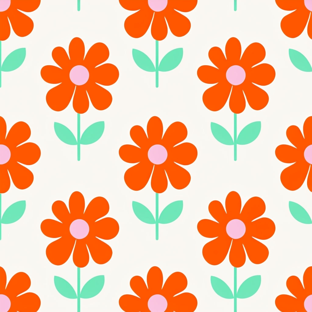 Cheerful Orange Flower Pattern on Mint Green Stem Seamless Pattern