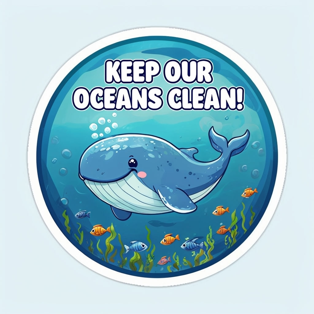 Friendly Cartoon Whale with Ocean Conservation Message Sticker