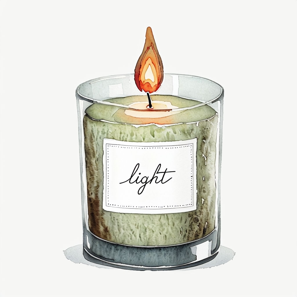 Rustic Watercolor Candle Illustration with Cute 'Light' Label Sticker