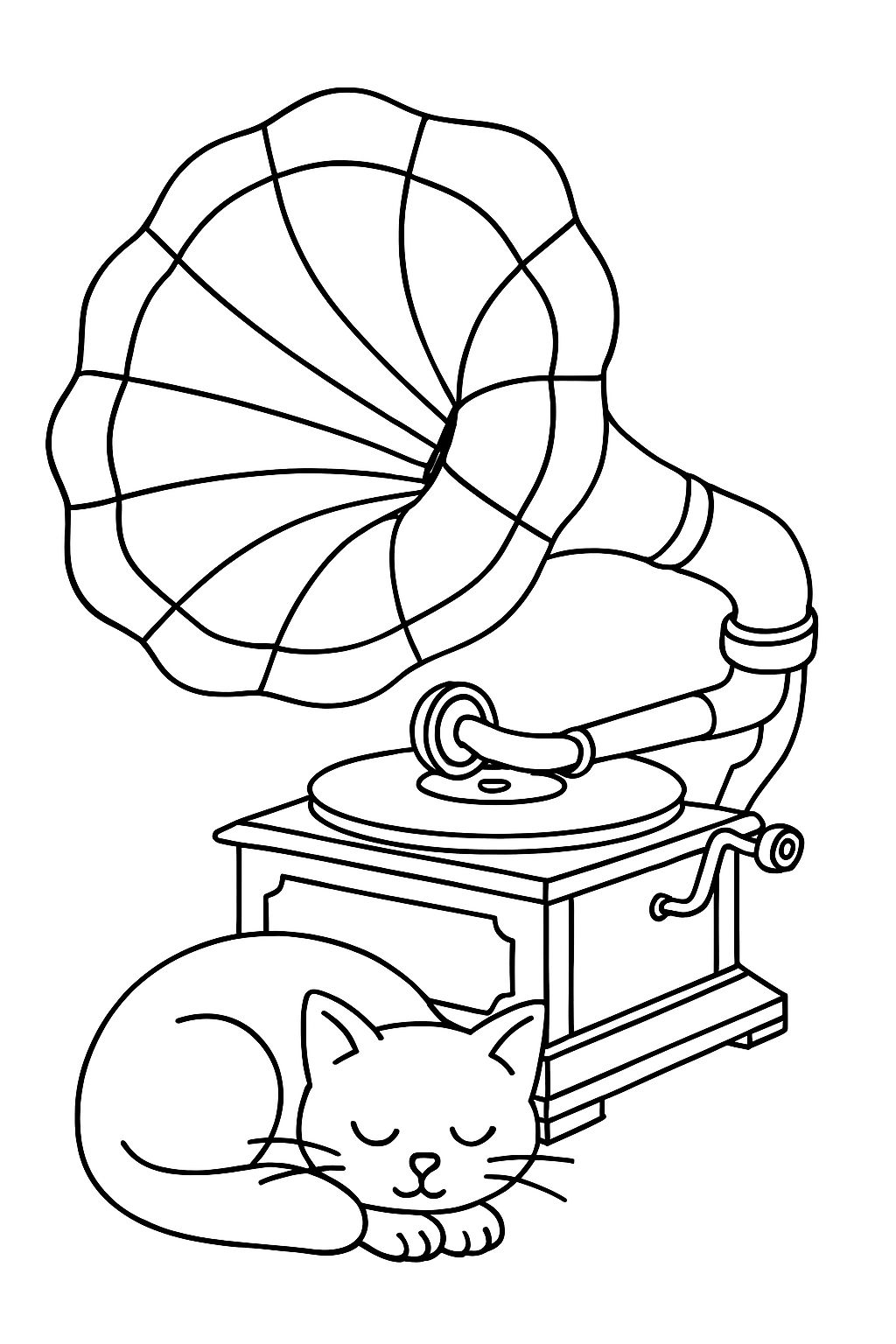 Vintage Gramophone with Sleeping Cat Line Drawing Coloring Book Pages