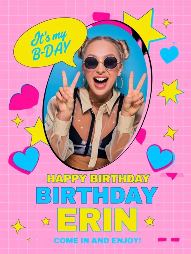 Vibrant Birthday Card Illustration for Celebrating Erin's Special Day Event Sign