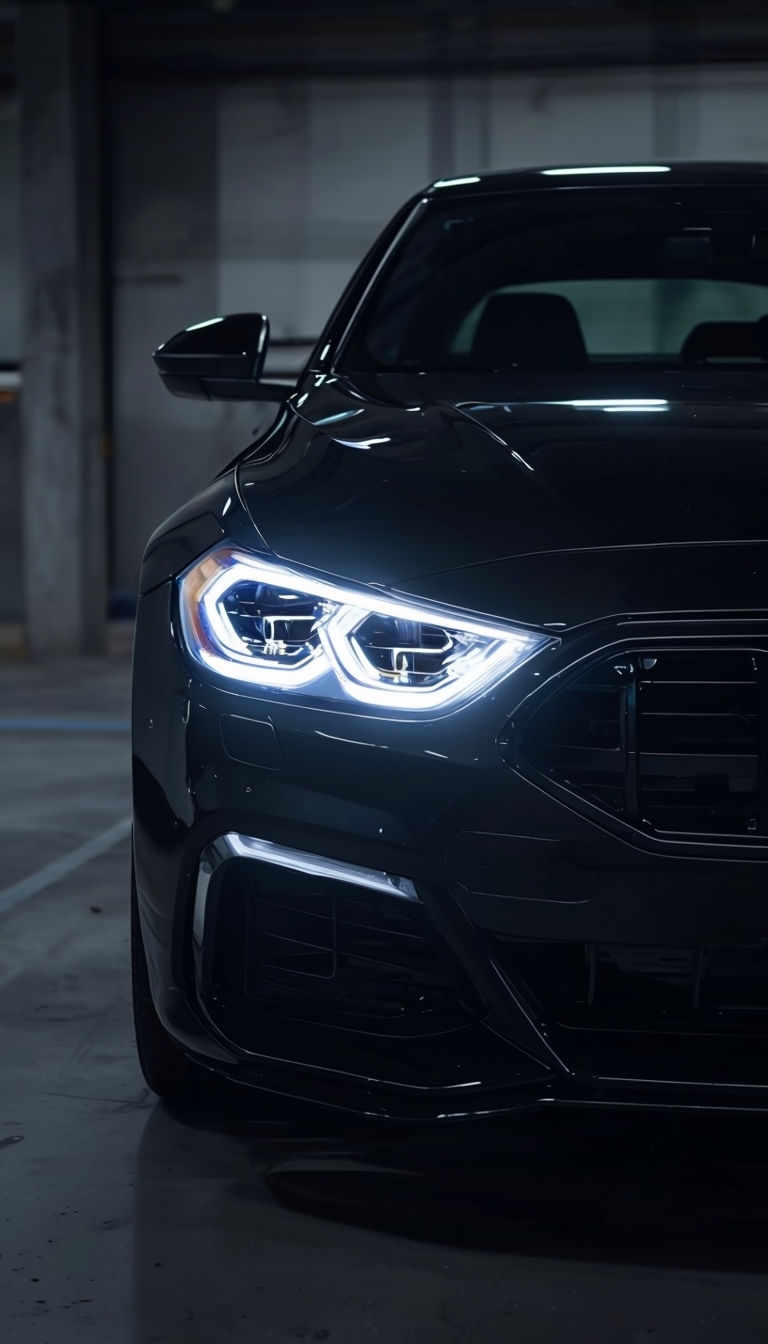 Sleek Black Car LED Headlights Close-Up Mobile Wallpaper