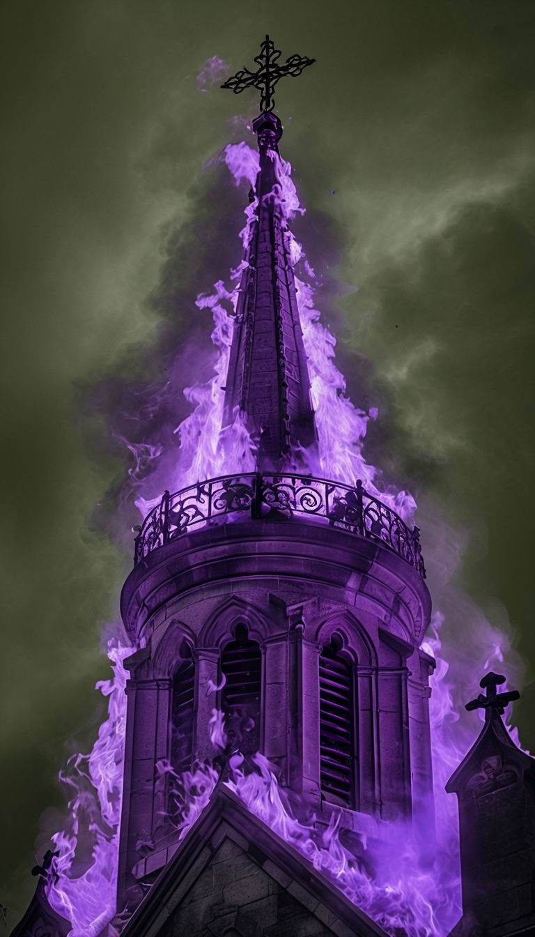 Gothic Church Steeple Surrounded by Neon Purple Flames Mobile Wallpaper