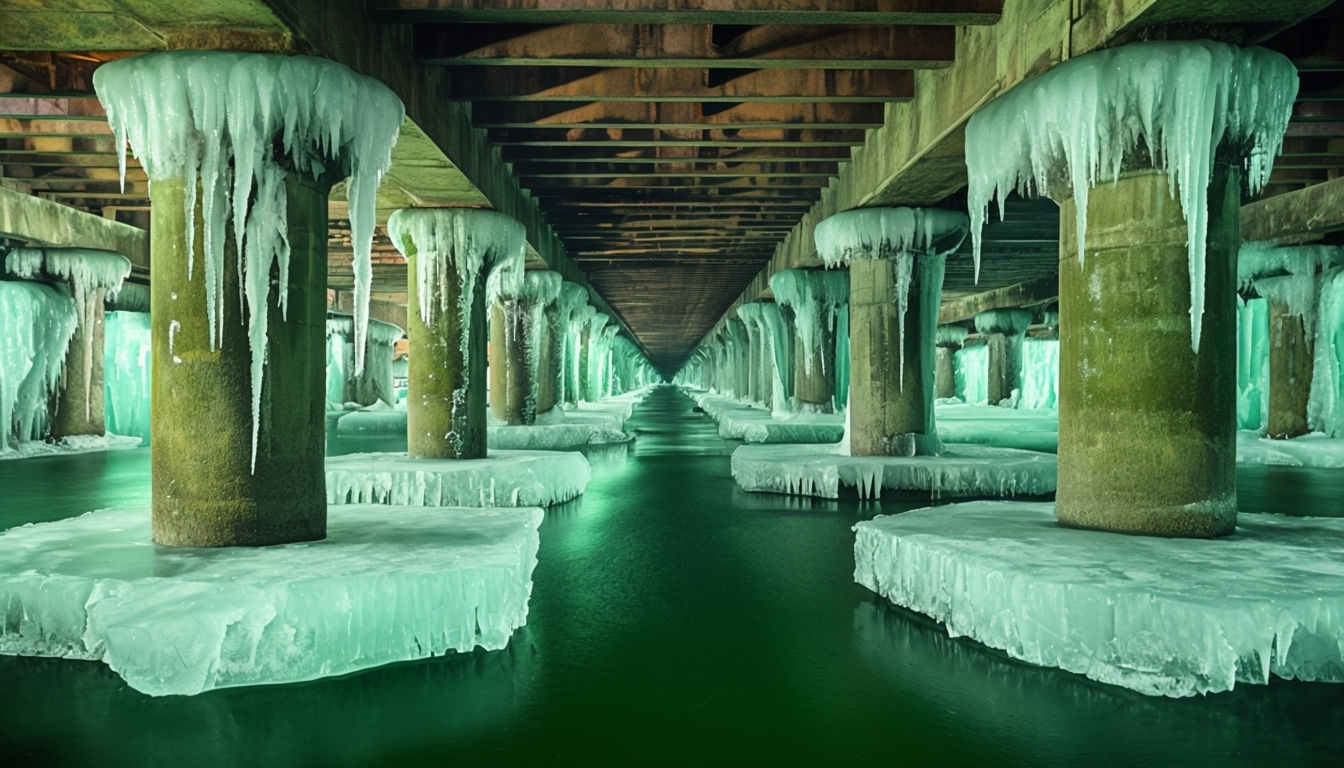 Eerie Underground Structure with Ice Formations Virtual Background