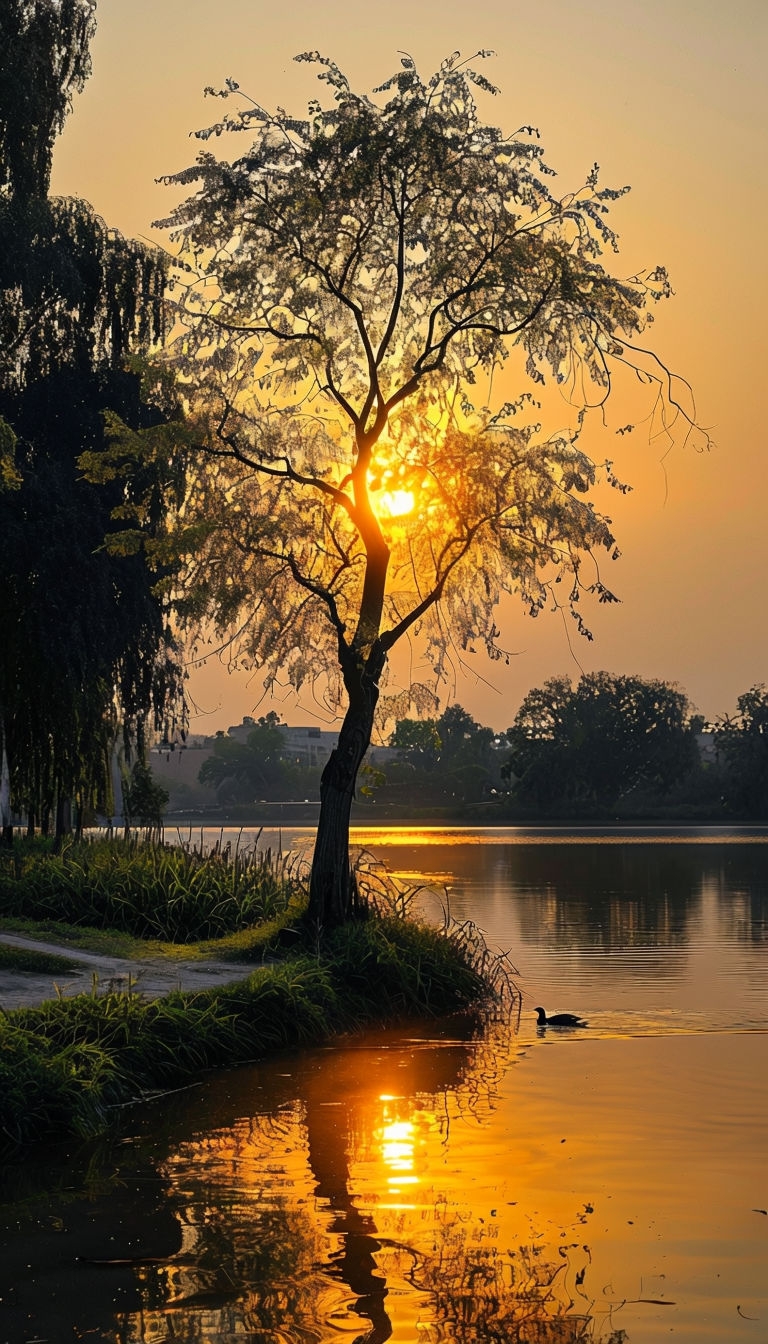 Serene Golden Hour Landscape with Tree Reflection Mobile Wallpaper