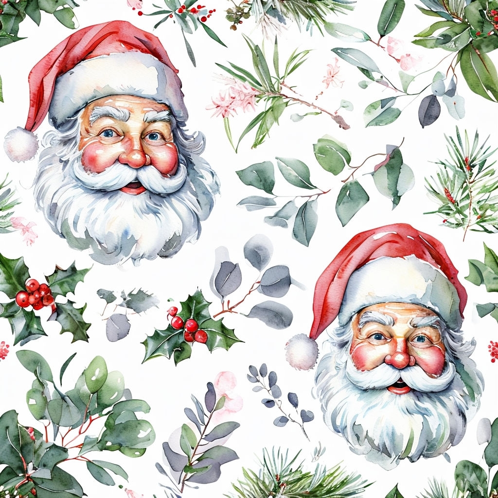 Vintage Santa Claus Watercolor Wrapping Paper Pattern