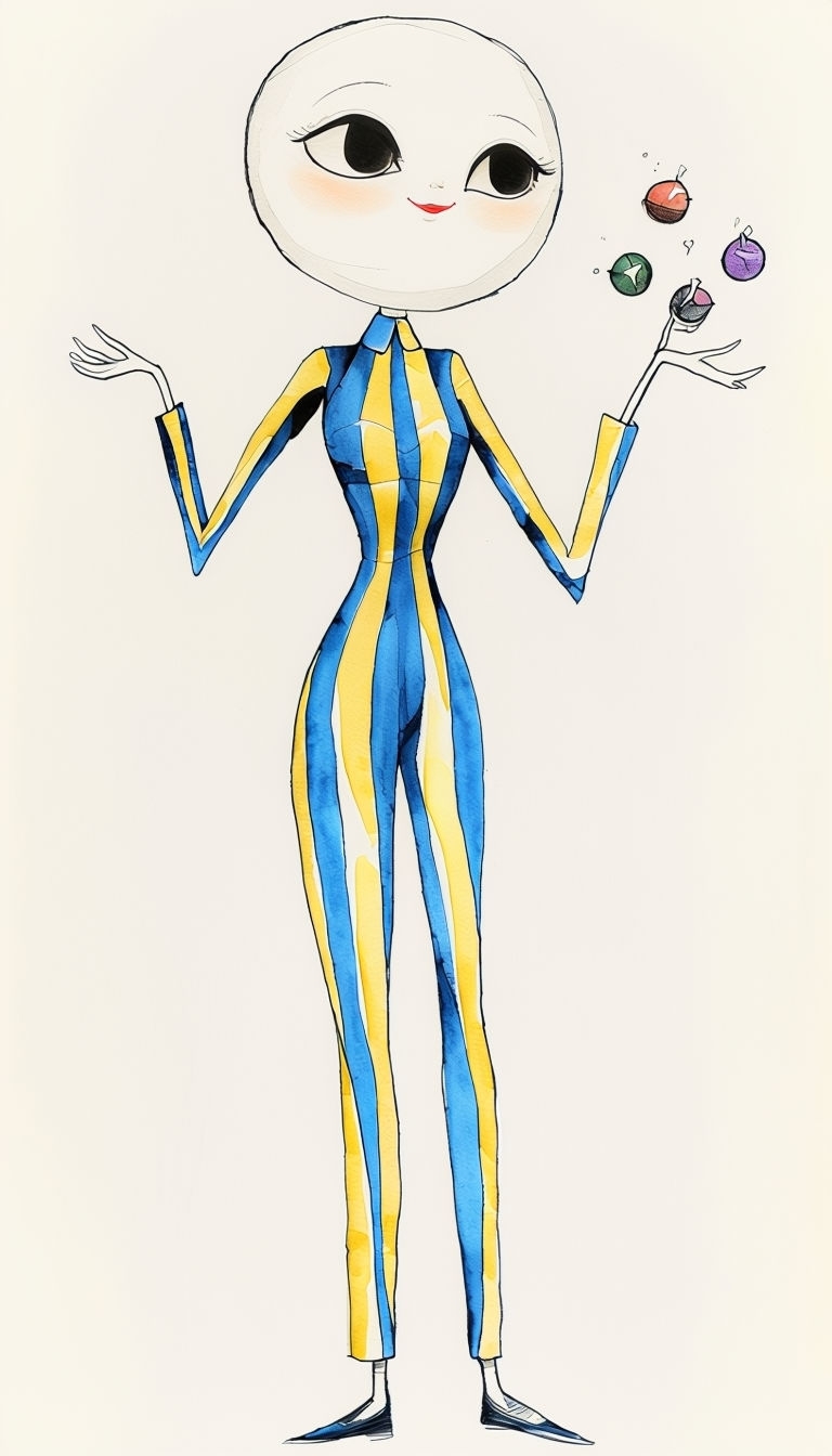 Whimsical Tall Androgynous Figure Juggling Colorful Objects Art