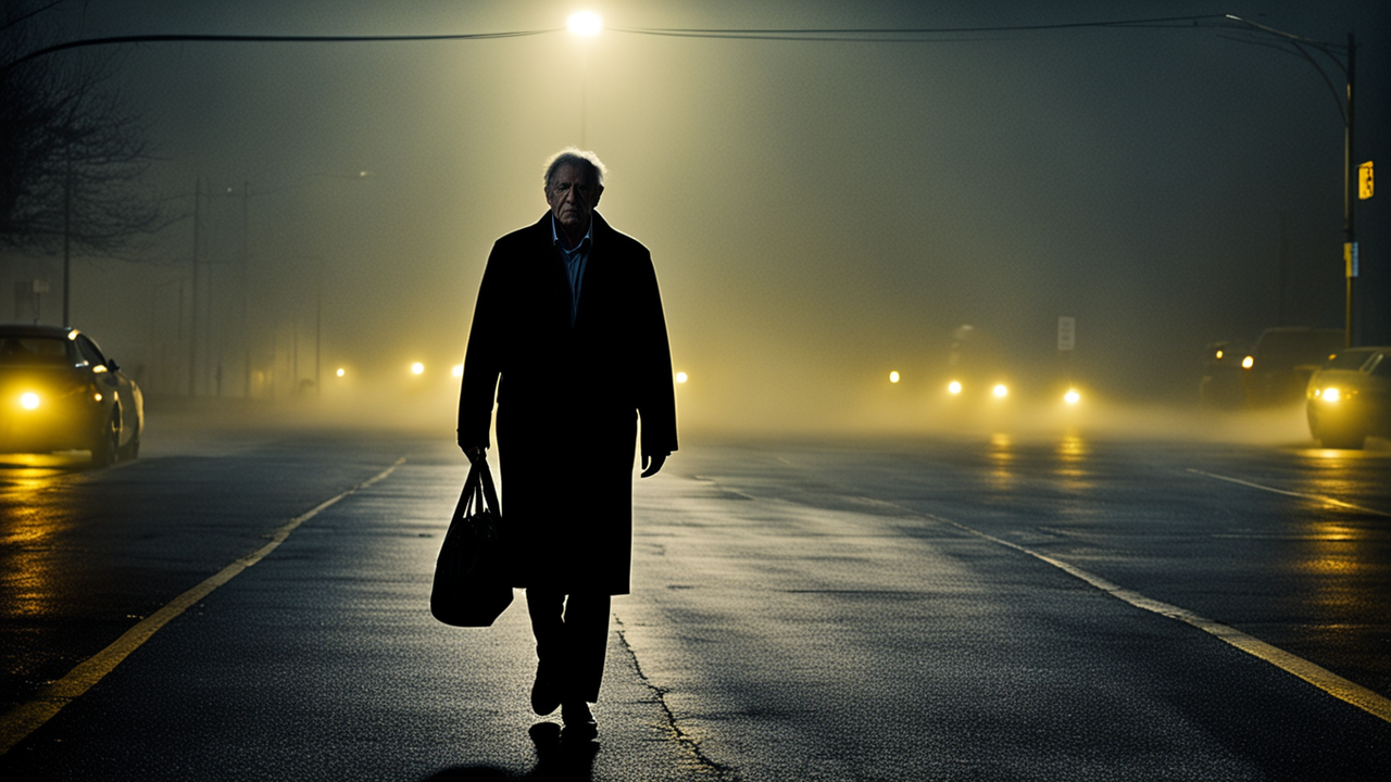 Old man walking down a parking lot shrouded in fog at night by Pavel ...