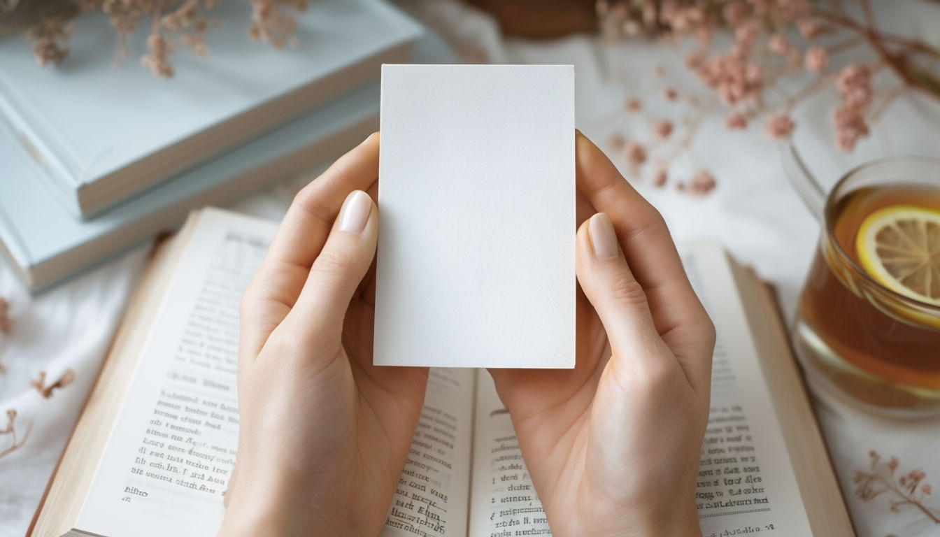 Serene Hands Holding a Blank Bookmark Over Open Book Mockup