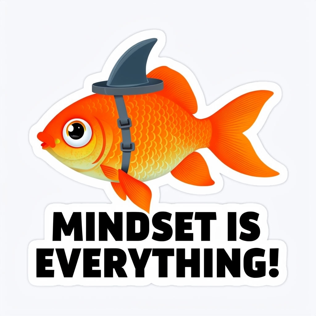 Cartoon Goldfish with Shark Fin and Motivational Quote Sticker