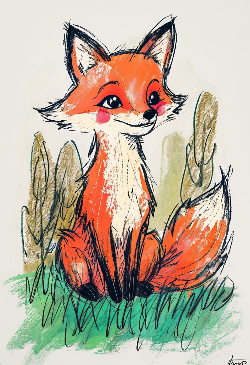 Charming Whimsical Fox Illustration with Textured Colors Art