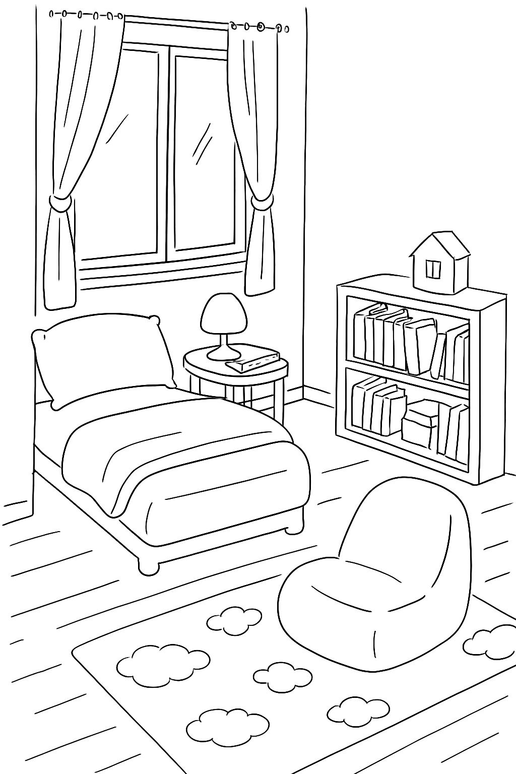 Cozy Black and White Bedroom Line Drawing Coloring Page