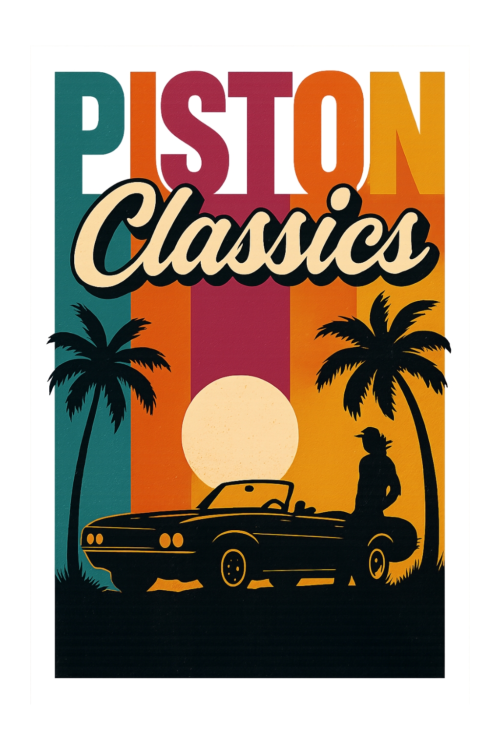 Retro Piston Classics Car and Sunset Graphic T-Shirt