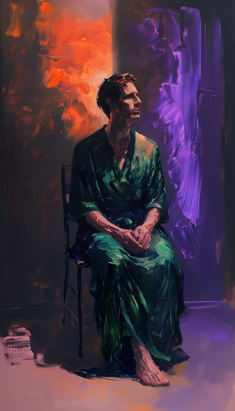 Emotive Oil Painting of a Figure in Dramatic Colored Light Art