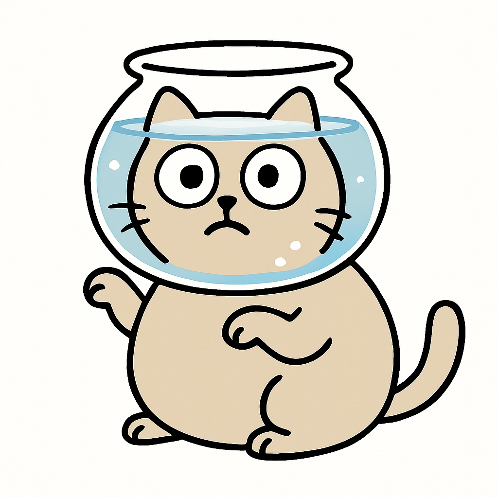 Humorous Cartoon Cat with Fishbowl Sticker Illustration