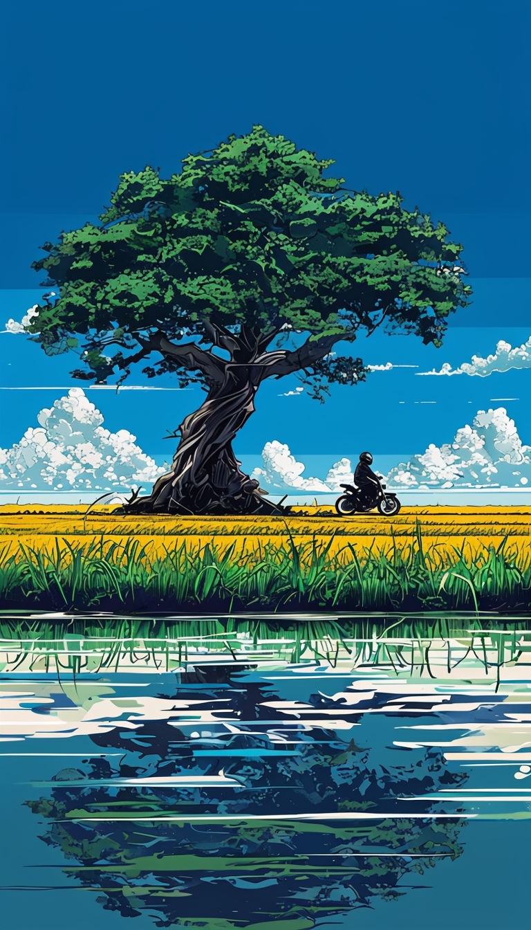 Tranquil Anime Landscape with Tree and Motorcycle Mobile Wallpaper