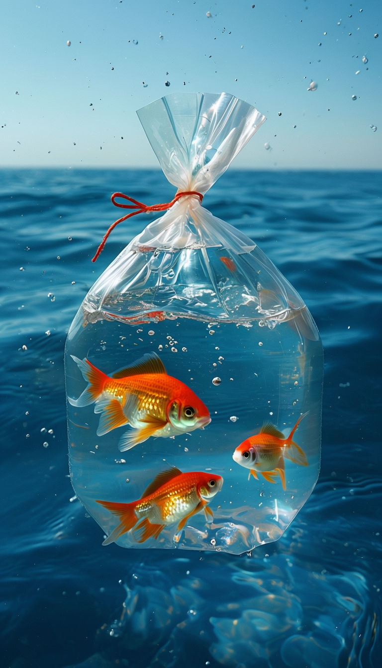 Vibrant Goldfish in Clear Plastic Bag Above Deep Blue Ocean Art