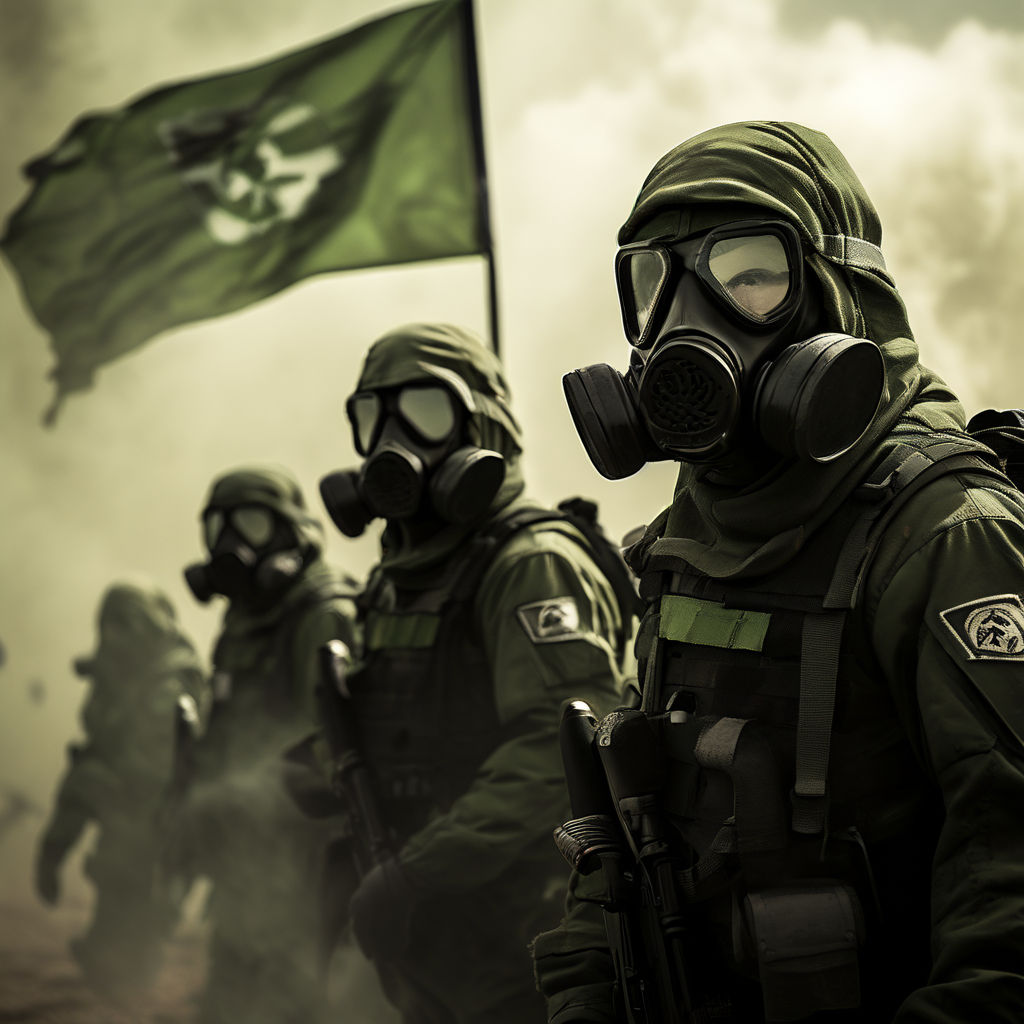 SCP inspired army soldiers in gas masks saluting a Green fla... by ...