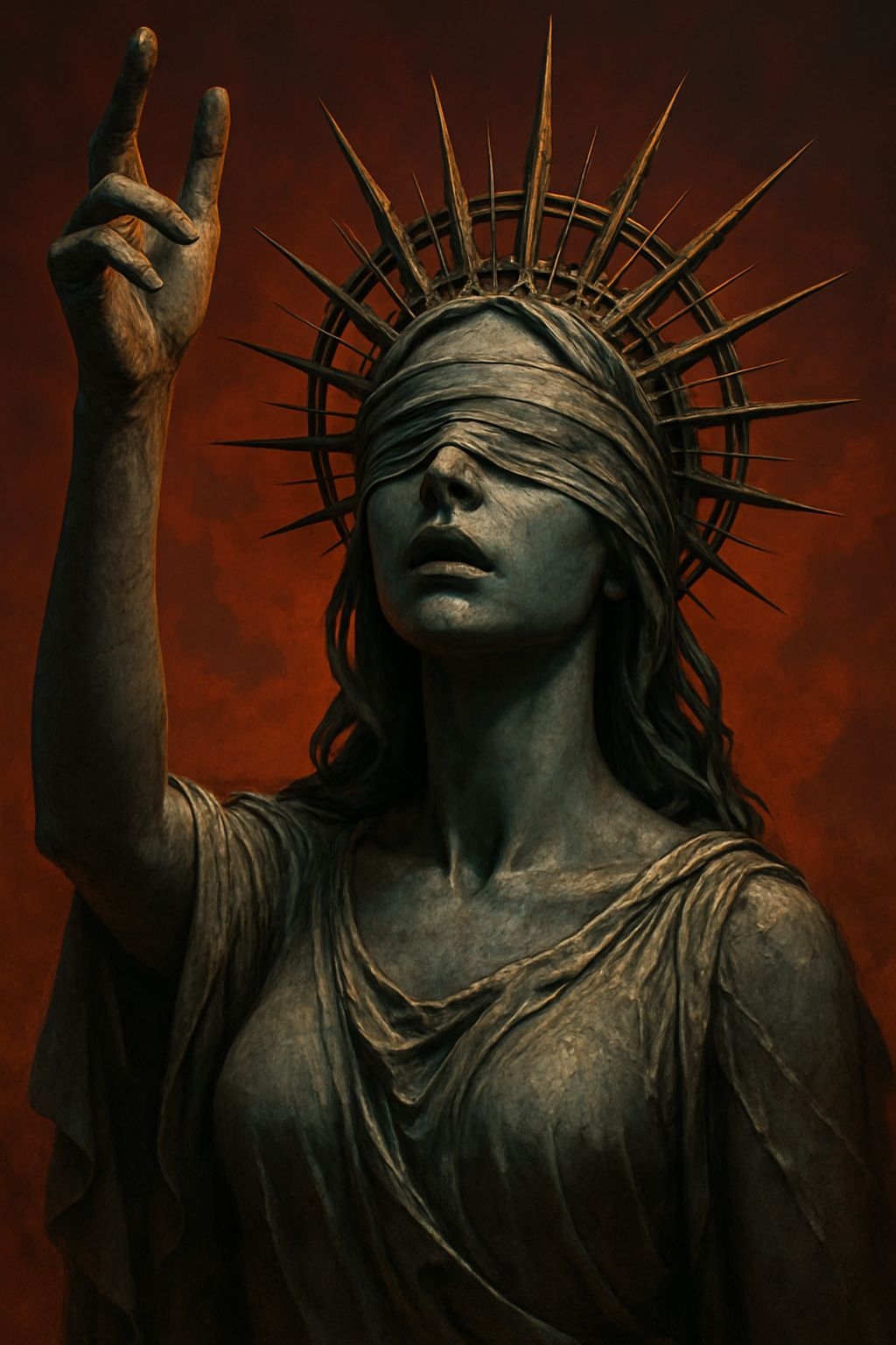 Ominous Bronze Statue with Blindfold and Halo Mobile Wallpaper