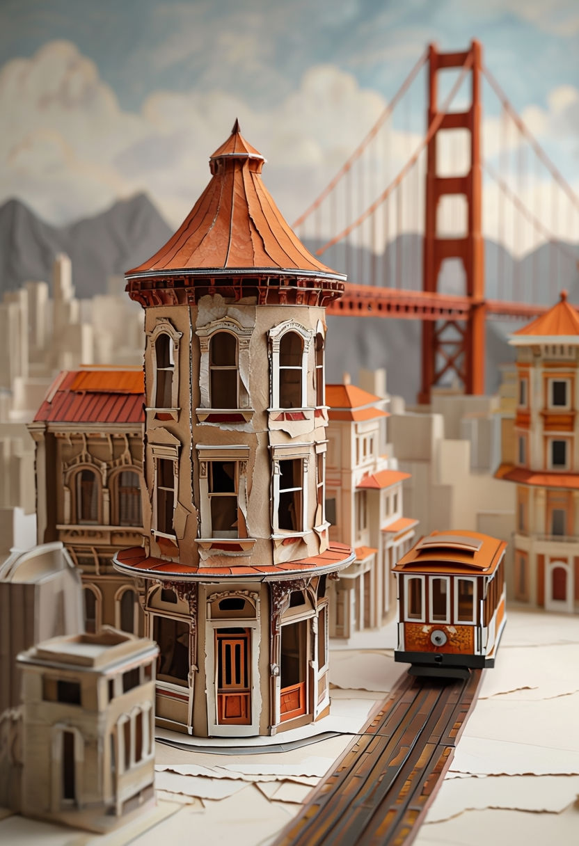 Whimsical San Francisco Paper Mache Cityscape Art with Victorian Building and Golden Gate Bridge