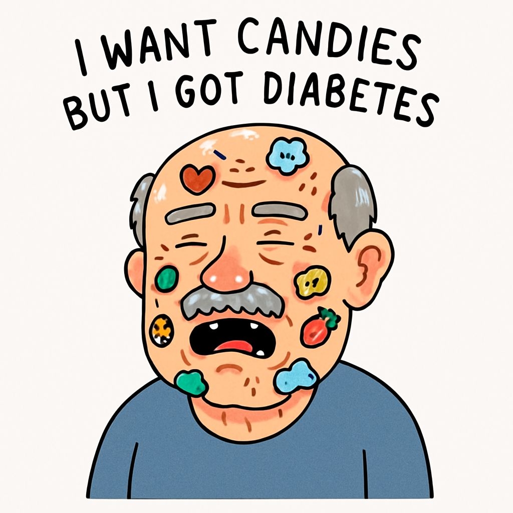 Humorous Elderly Man with Candies and Diabetes Quote Sticker