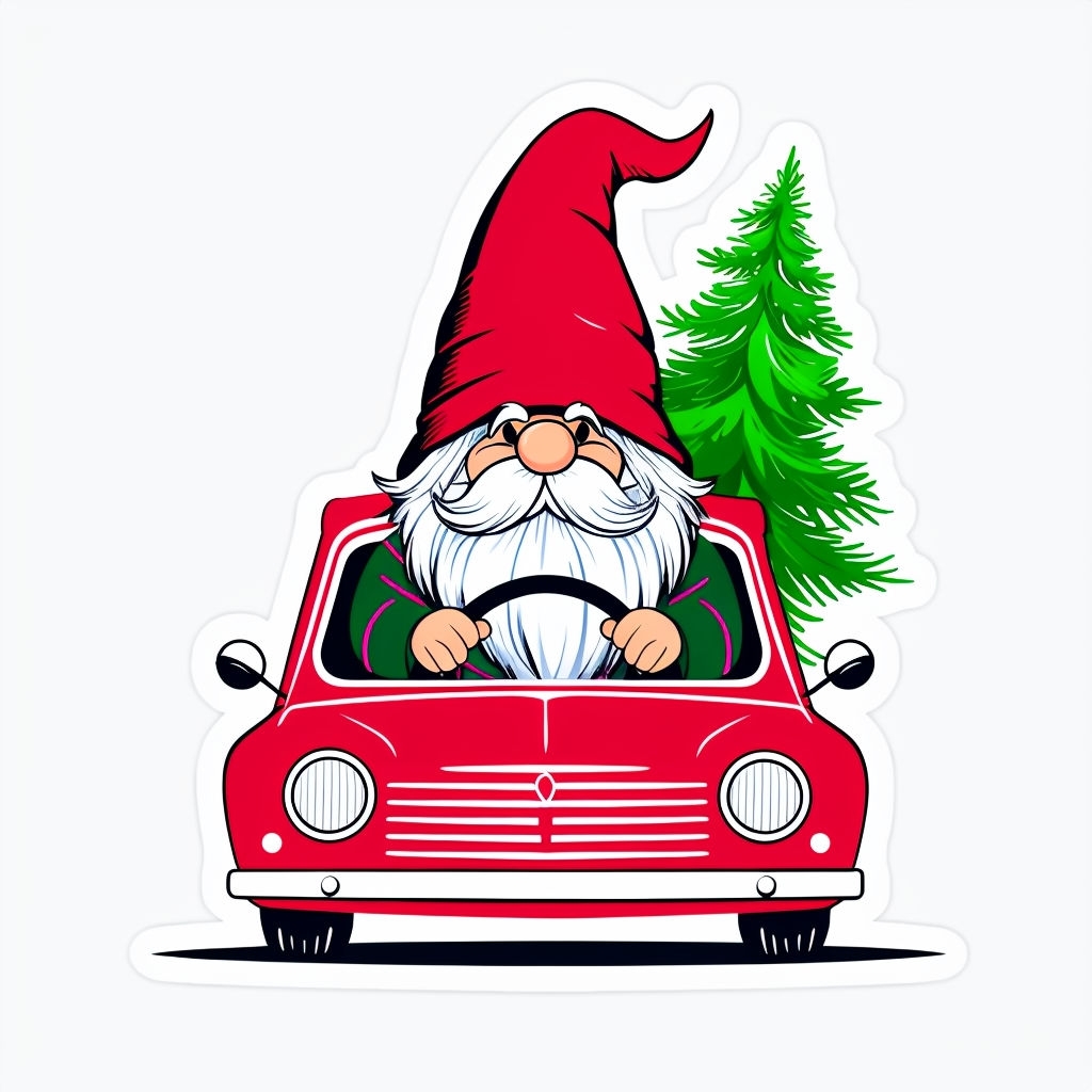 Cheerful Vintage Car with Swedish Gnome Christmas Sticker