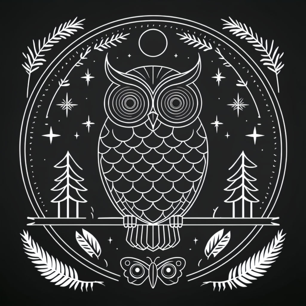 Elegant Chalkboard Owl Line Art with Nature Elements Poster