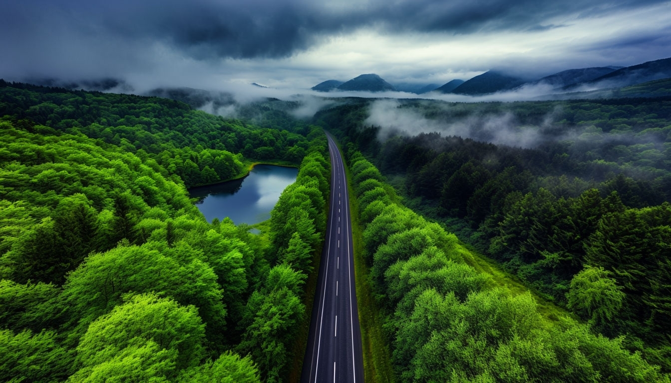 Serene Aerial Landscape with Winding Road and Dense Forests Virtual Backgrounds