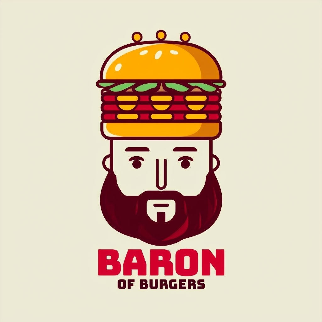 Playful Bearded Man with Burger Crown Logo Design