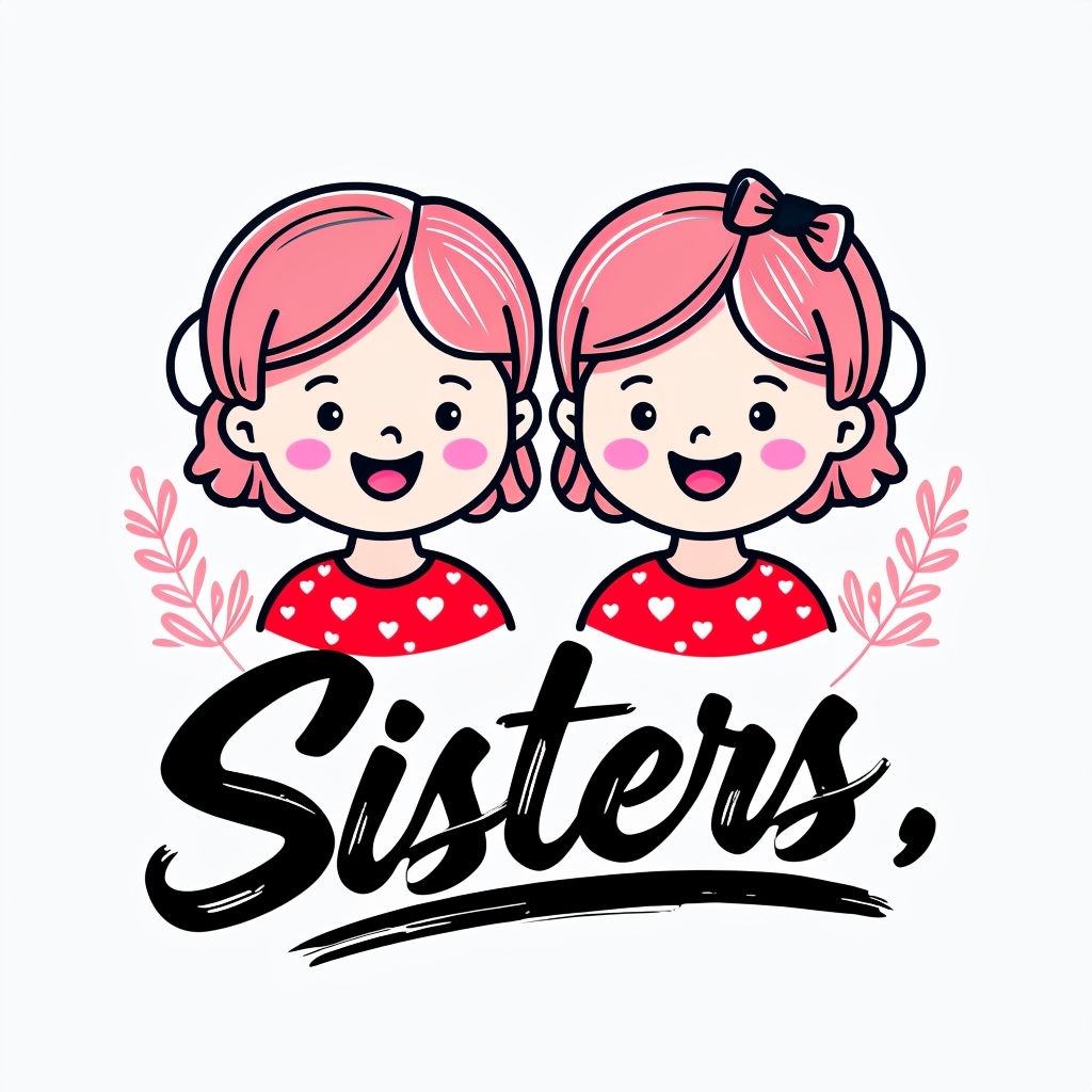 Cheerful Cartoon Twin Sisters Illustration T-Shirt