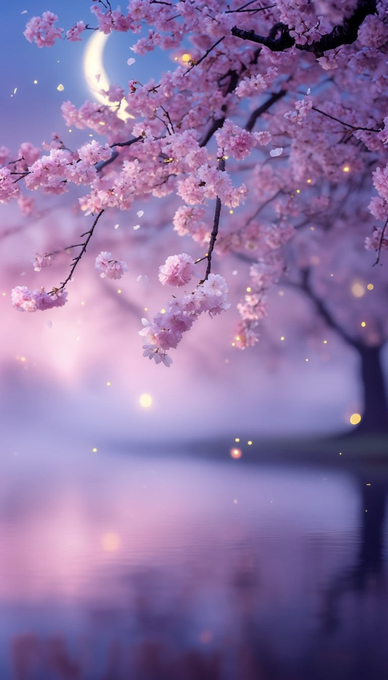 Ethereal Cherry Blossom Tree at Twilight with Fireflies Reflection Mobile Wallpaper